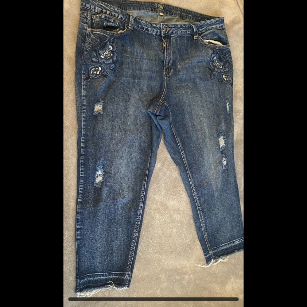 Plus Size True Craft Distressed Jeans with Flower Appliqués
